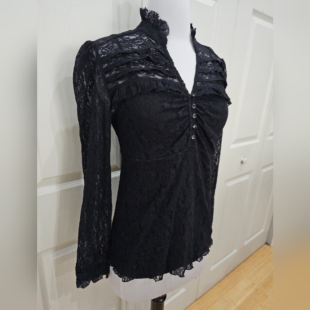 Apt 9 Black Lace v neck Ruffle Detail Long Sleeve Top Blouse S - Picture 3 of 8